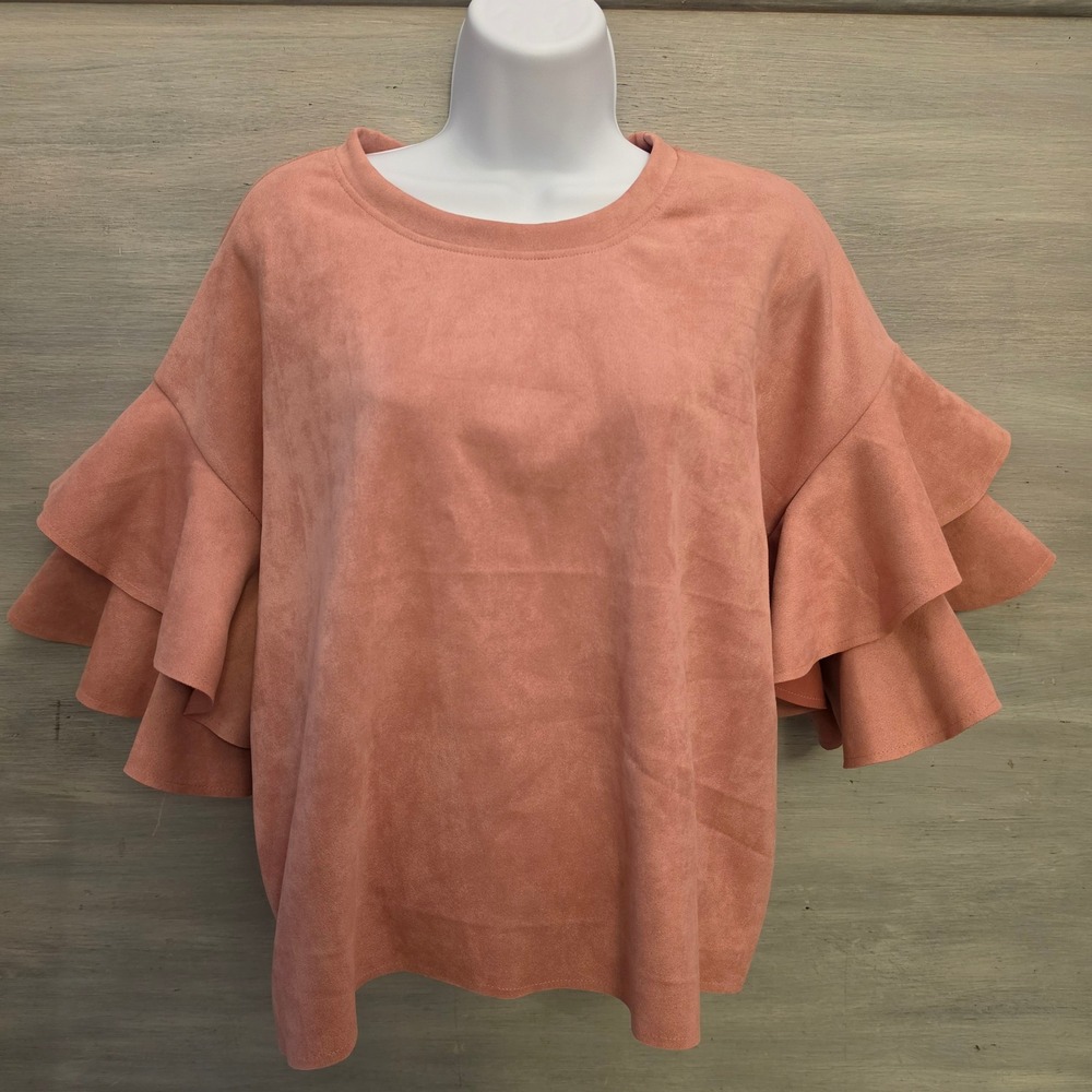 Kosmios Blush Pink Faux Suede Multi Tier Ruffle Short Sleeve Blouse Medium GC